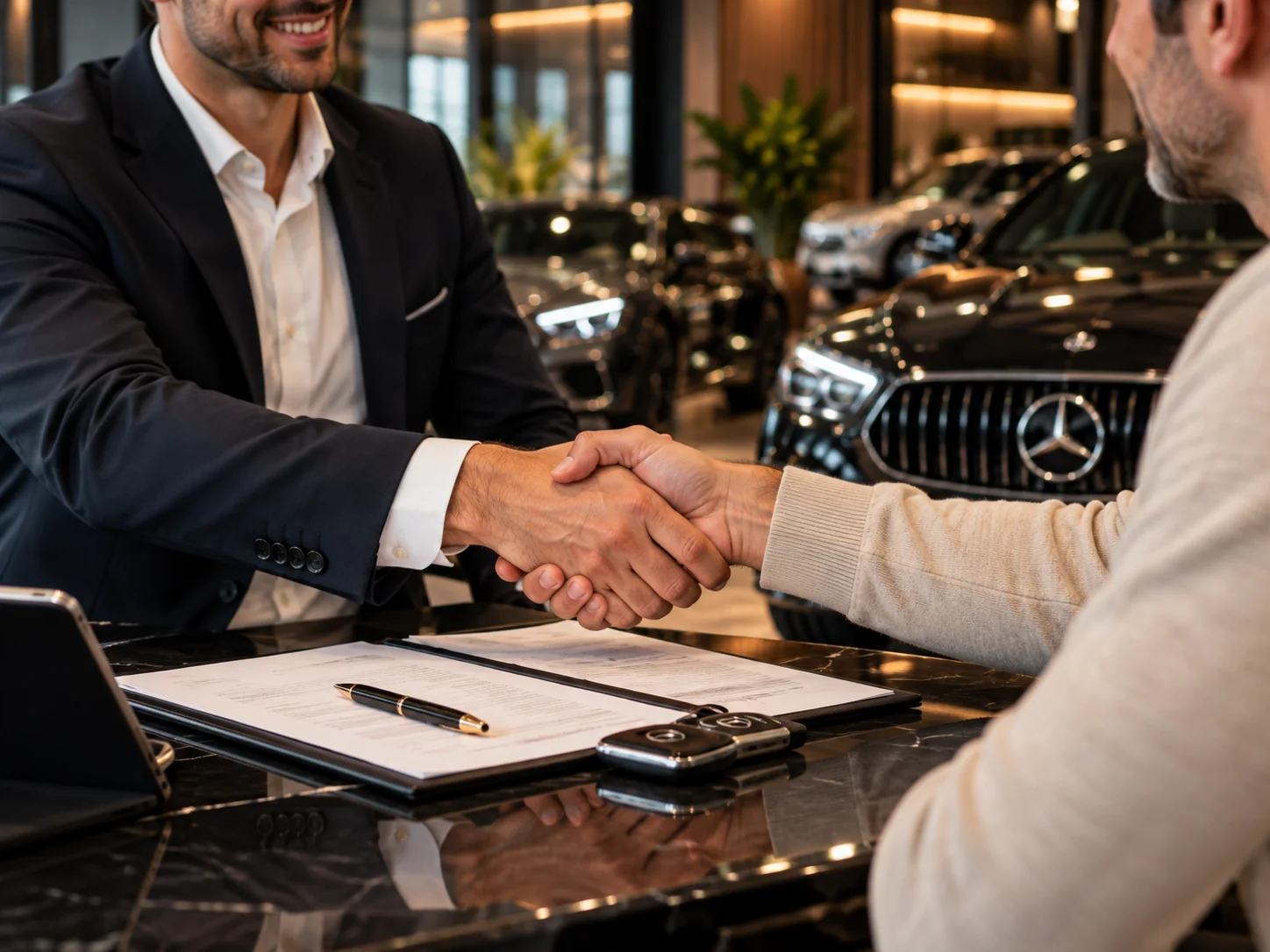 A buyer and advisor shaking hands over vehicle documents
