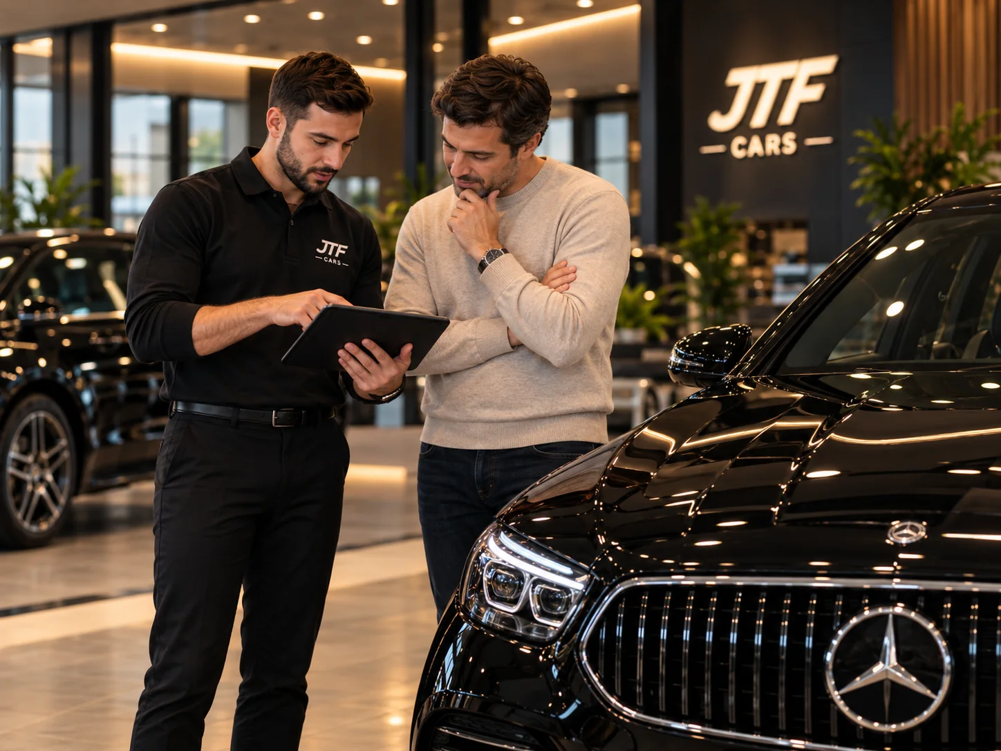 JTF Cars advisor and owner discussing a vehicle sale
