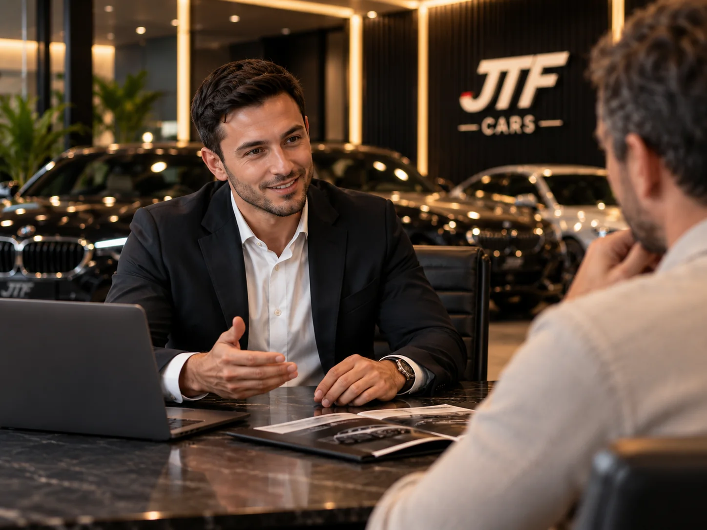 Consultor JTF Cars a conversar com um cliente sobre a procura de uma viatura
